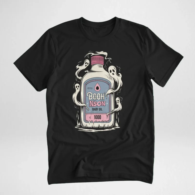 Black t-shirt featuring a spooky illustration of a baby oil bottle labeled 'BooH Nson Baby Oil,' surrounded by playful ghost figures, displayed on a flat surface.