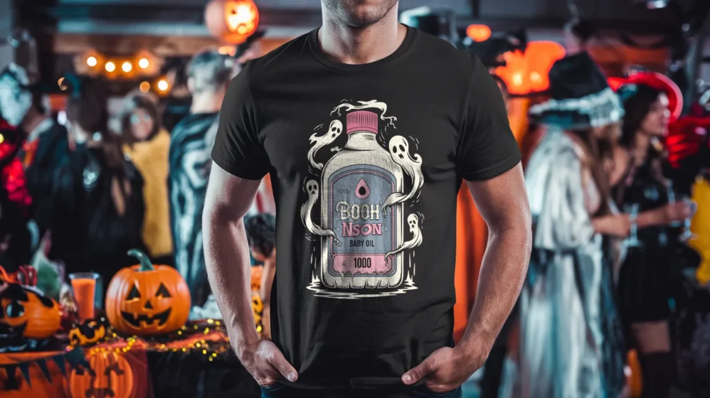 Man wearing a black t-shirt with a 'BooH Nson Baby Oil' design at a Halloween party, surrounded by festive decorations such as jack-o'-lanterns and people in costumes, creating a spooky yet fun atmosphere.