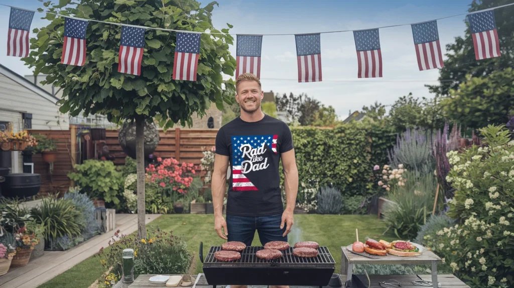 Man proudly standing in front of a grill at a summer barbecue, wearing a black 'Rad Like Dad' t-shirt featuring a patriotic American flag design, with American flags hung overhead in a lush backyard setting.