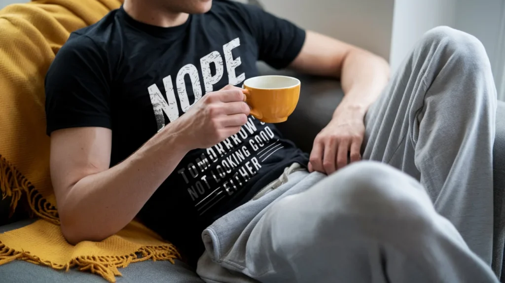 Man relaxing on a couch, wearing a black t-shirt with the text 'NOPE NOT TODAY, TOMORROW'S NOT LOOKING GOOD EITHER,' holding a yellow coffee mug, dressed in casual gray sweatpants.