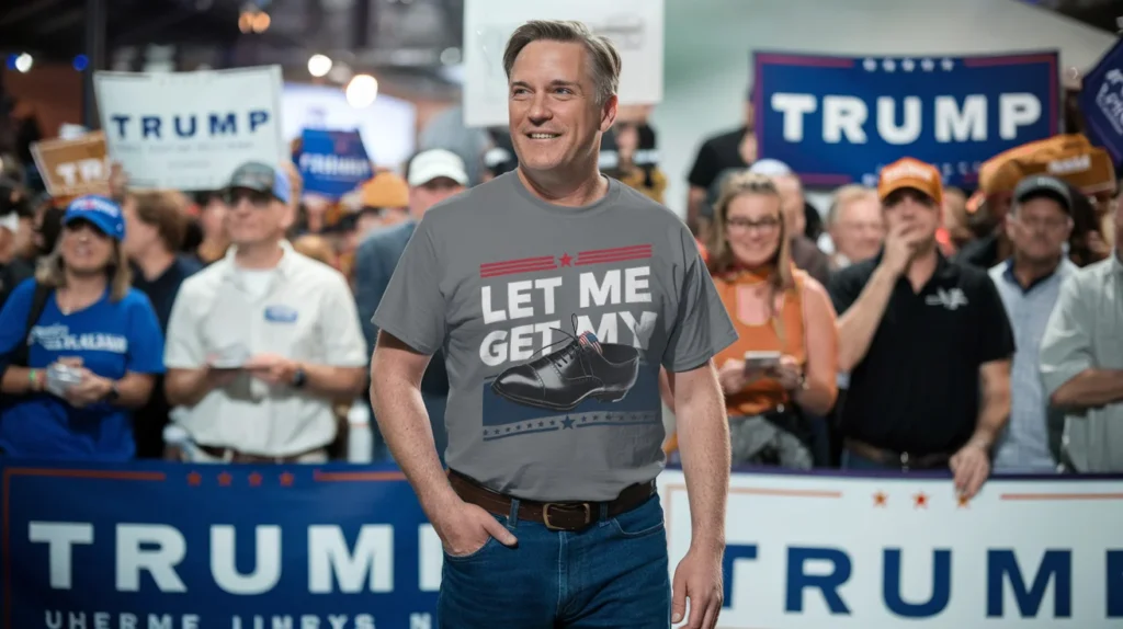 Man attending a political rally wearing a gray t-shirt with the text 'LET ME GET MY,' featuring an illustration of a polished black shoe, surrounded by people holding Trump campaign signs